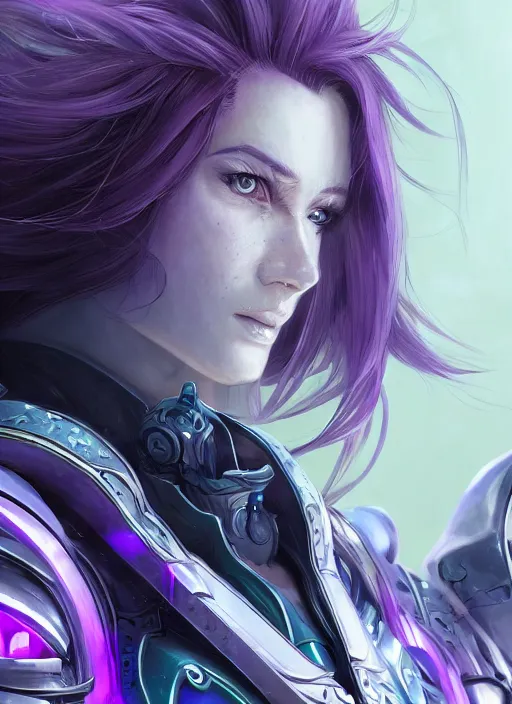 Image similar to close up portrait of sci - fi alleria windrunner with purple hair, pale blue backlight, powerful, domineering, stoic, intense, ultrafine hyperdetailed illustration by kim jung gi, irakli nadar, intricate linework, sharp focus, octopath traveler, yoji shinkawa, highly rendered, detailed, concept art