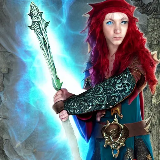 Prompt: a fantasy elf that is a wizard, holding a spell book and a dagger, with red hair, blue eyes, and is tall