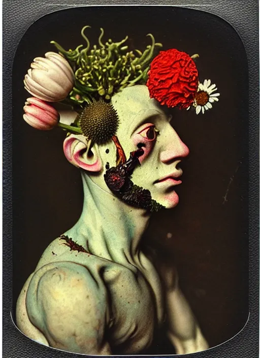 Image similar to beautiful and detailed rotten male made of plants and many types of stylized flowers like carnation, daisy, chrysanthemum, anemone, roses and tulips, intricate, surreal, john constable, gustave courbet, caravaggio, romero ressendi, bruno walpoth 1 9 1 0 polaroid photo