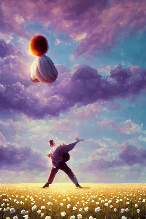 Prompt: giant white daisy flower as head, man dancing in a flower field, surreal photography, sunrise, dramatic light, impressionist painting, colorful clouds, digital painting, artstation, simon stalenhag