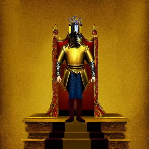 Prompt: a tall royal knight in golden armor saluting his king in a throne room, painting, digital art, harsh lighting