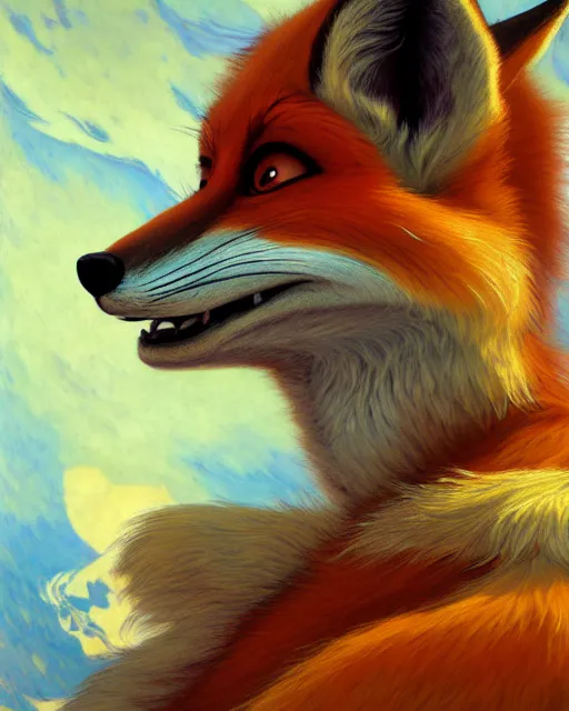 Prompt: oil painting of anthromorphic female fox, zootopia, fursona, furaffinity, 4 k, deviantart, furry art, wolf fursona, very expressive detailed feminine face, gaston bussiere, craig mullins, jc leyendecker, gustav klimt, artgerm, greg rutkowski, alphonse mucha