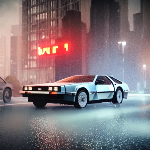 Image similar to hyperdetailed, photorealistic photograph of a dmc 1 2 delorean driving in the streets, rain, night, dense fog, hd, unreal engine 5