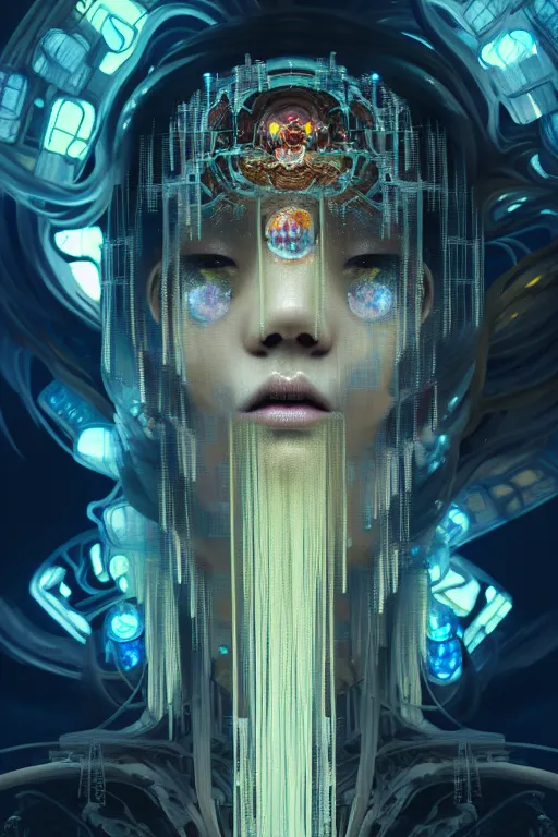 Image similar to dreamland of chinese, ghost, gorgeous and huge head ornaments, dystopian, cyberpunk, organic fractal mycelum and fungi, mecha, halfturn portrait of a big crystal face made of crystals half - turn, ominous, intricate, studio, art by anthony macbain + greg rutkowski + alphonse mucha, concept art, 4 k, sharp focus