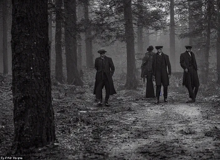 Image similar to an dramatic scene from peaky blinders, medium long shot, filmed in the dark woods, a cabin in the background, leonardo dicaprio and daniel day - lewis, faces covered in shadows, detailed and symmetric faces, black and white, cinematic, epic,