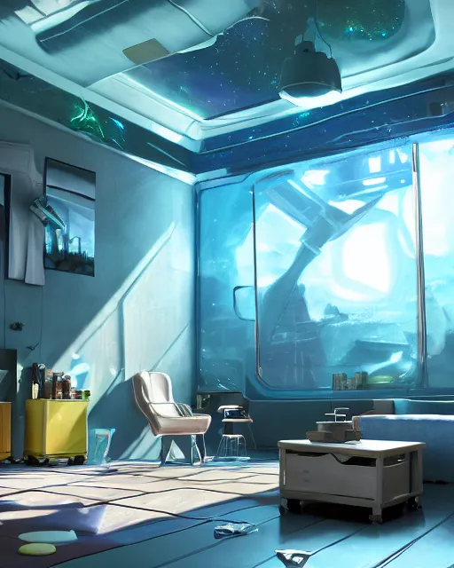 Image similar to artstation scifi scene of a safe room as ikea ad, lounge furniture, sky mural on the room ceiling, holographic gitchart windows, large terrarium, paneled walls, unreal engine 5, hyper realism, realistic shading, cinematic composition, blender render, octane render, hdr, detailed textures, photorealistic, wide shot