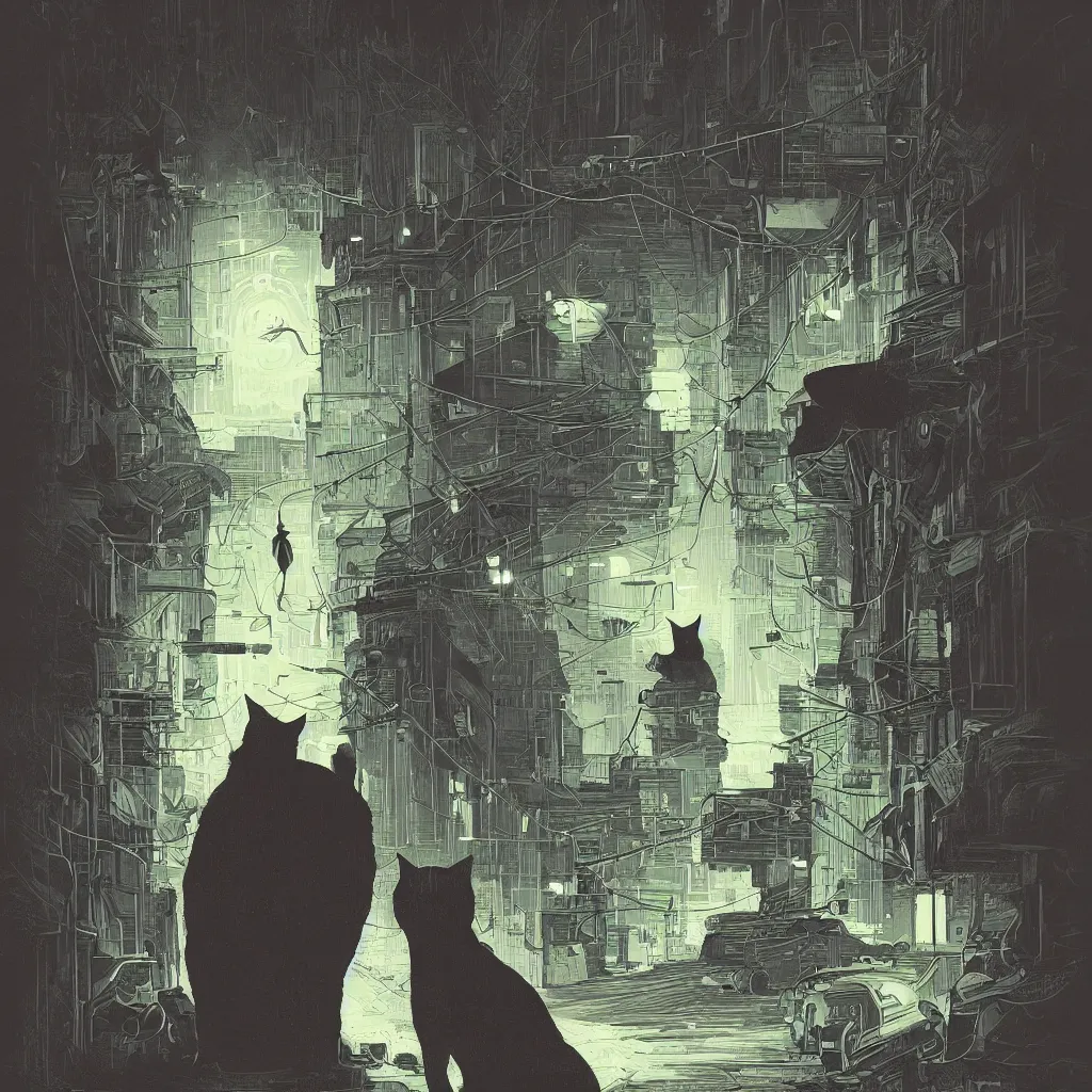 Image similar to concept portrait of cat staring contemptuously at people, dark atmosphere, lovecraftian background, lynchian atmosphere, film noir, artstation, art by petros afshar, tom whalen, laurie greasley and greg rutkowski and ilya kuvshinov