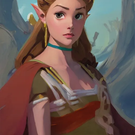 Image similar to greg manchess portrait of zelda as disney character, perfect face, matte painting, bold shapes, hard edges, by huang guangjian, gil elvgren, sachin teng. in a beautiful landscape full of emotions, cgsociety masterpiece, artstation trending, by rossdraws, ghibli, kimi no na wa, greg rutkowski, simon stalberg, greg manchess