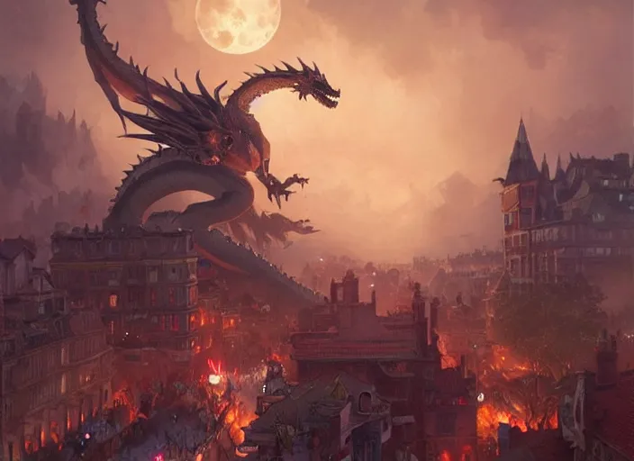 Prompt: giant dragon attacking a town during a parade, highly detailed, digital illustration, artstation, concept art, matte, sharp focus, illustration, dramatic, full moon, art by artgerm and greg rutkowski and alphonse mucha