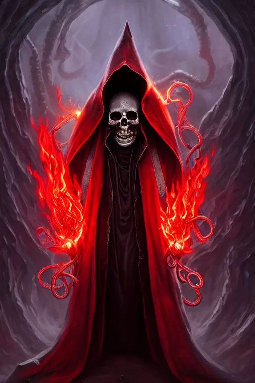 Prompt: A full body portrait of a mysterious character with a flaming skull with a very long hooded blood red and black cloak, tentacles coming out the ground art by James Paick, and Shaddy Safadi, ominous, cosmic horror, trending on artstation, Ultra detailed, hyper realistic 4k