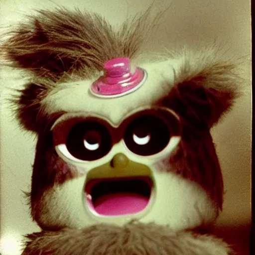 Prompt: an unsettling vintage photograph of a furby toy in a suburban home, inspired by david lynch