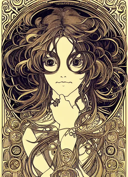 Image similar to photographer looking through camera, design on white background, gnarly details, gold, drawn by studio ghibli, alphonso mucha, lolish, trending on artstation