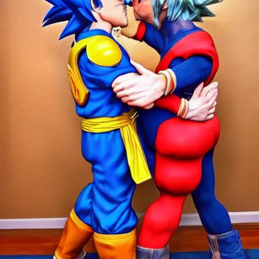 Image similar to realistic goku from dragonball z kissing a realistic mario.