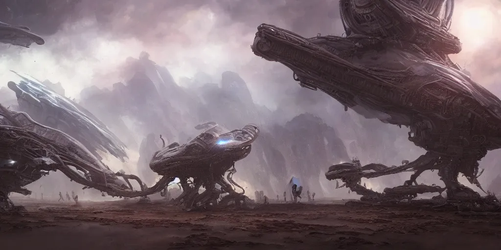 Image similar to thumbnails of alien concuring on a planet with high tech fantasy / magical machinery, cinematic composition, a fantasy digital painting by greg rutkowski and james gurney, trending on artstation, highly detailed, hyperrealistic, realistic, photorealistic, dynamic lighting, highly detailed, cinematic landscape, studio landscape, studio lighting