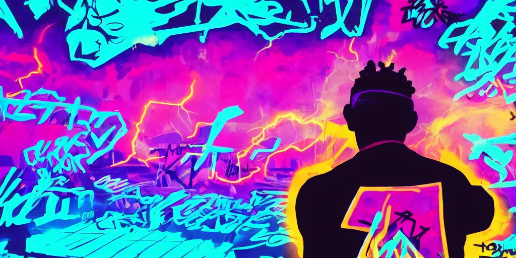 Prompt: rapper silhouetted against psychedelic lightning, silhouettes, digital art, vapor wave, hip hop, graffiti, trending on Artstation, professional artist, detailed, 4k