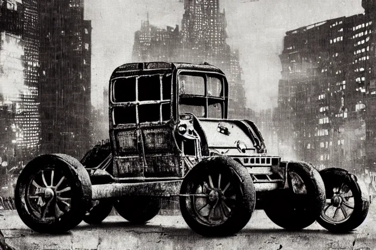 Image similar to cyberpunk 1 9 0 8 model ford t by paul lehr, beksinski, metropolis, parked by view over city, vintage film photo, robotic, damaged photo, scratched photo, silent movie, black and white photo