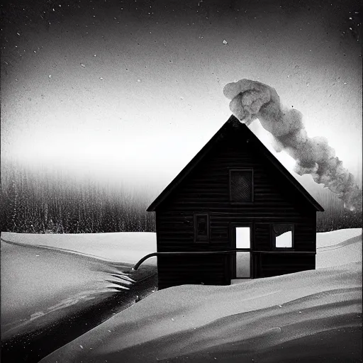 Image similar to a cabin on a hill, snowatorm, winter, smoke rising from the pipe, by alex andreev, landscape, high contrast, digital