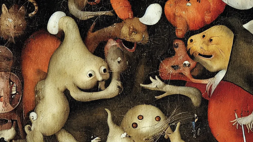 Image similar to detail of a painting by “ hieronymus bosch ” of a closeup view of the monstrous and horrifying “ garfield ” the cat tormenting and teasing sinners in “ the garden of earthly delights ” with odie and nermal.