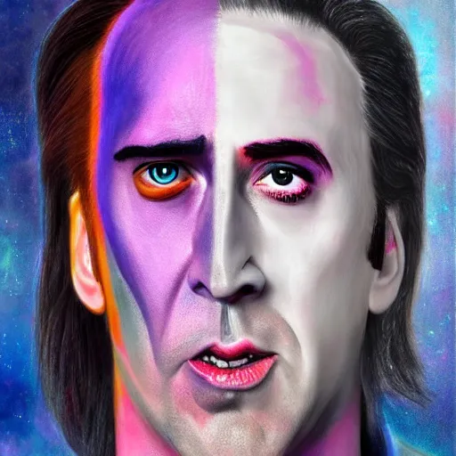Prompt: nic cage as twilight sparkle, buff, painted portrait, highly detailed,
