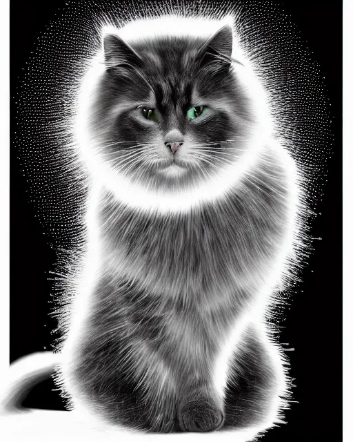 Image similar to highly detailed high resolution stacked plot of radio emissions from a pulsar, constructing a fluffy cat isolated on black, silk screen t-shirt design 4K