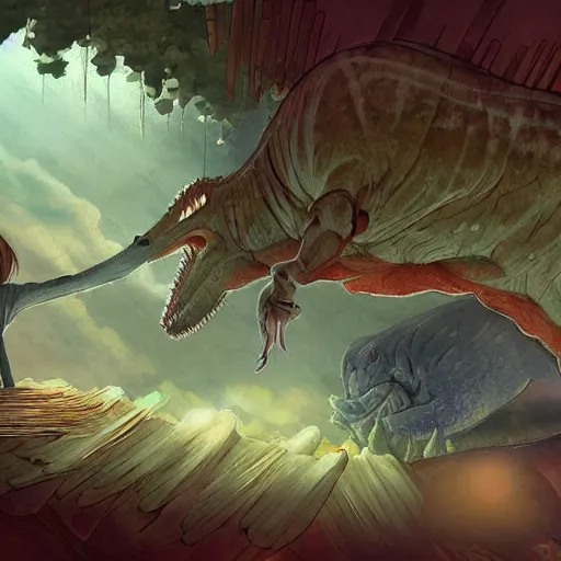 Image similar to Dinosaur Egg Omelette, fantasy art, illustration, natural, fantasy, art by Hayao Miyazaki, Makoto Shinkai