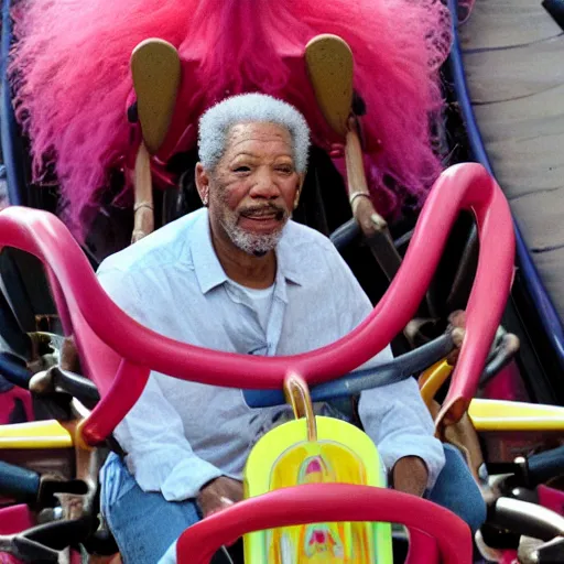 Image similar to morgan freeman with a pink mohawk and a nose ring riding a rollercoaster