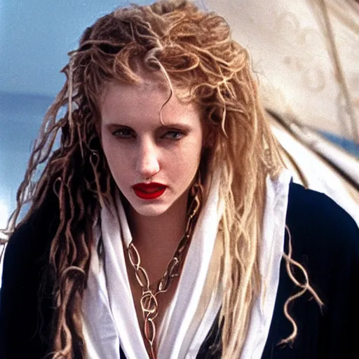 Image similar to a beautiful english woman with a long face narrow nose pale skin blue eyes red lips and wild messy tangles of curly white blonde hair leaning over the side of a sailing ship and throwing up, high resolution film still wearing a black robe and skull necklace and holding a spear, sandy, a journey to the west