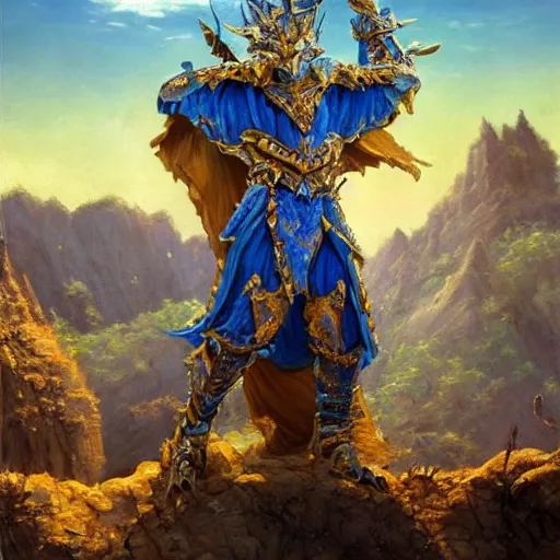 Prompt: blue knight with gold accents fighting dragon by plutus su, desert with small trees and shrubs, painting, detailed, realistic, complimentary colors, light, by richard doyle, by robert hagan, by tim hildebrandt, artstation, cinematic, dramatic lighting, close up, wide angle, intricate design