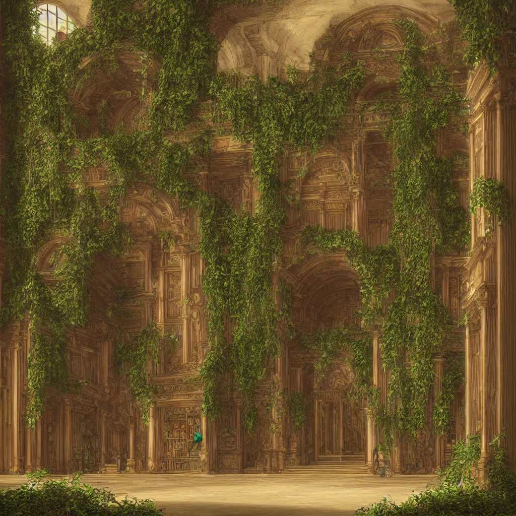 Prompt: entrance of the ultimate grand library, overgrown ivy plants, piles of books, stacks of books, ancient, old world, ultradetailed photorealistic