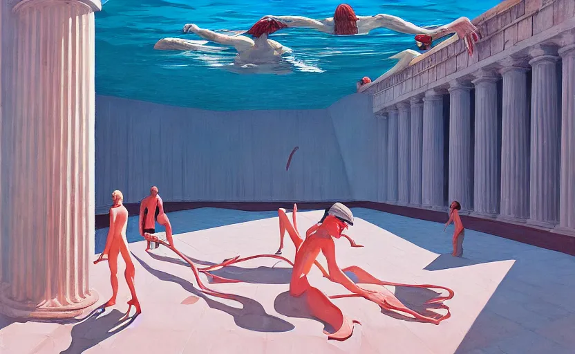 Image similar to Inside a big greek pool goddess, very coherent, painted by Edward Hopper, Wayne Barlowe, painted by James Gilleard, airbrush, art by JamesJean