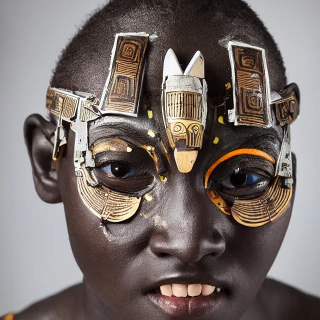 Image similar to a beautiful cyborg made of african ceremonial maske