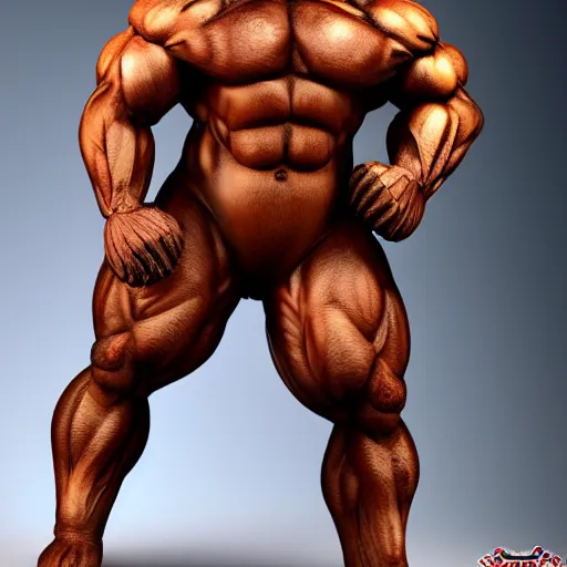 Image similar to anthropomorphized teddy bear with human muscles in a bodybuilding pose news photograph realistic studio lighting