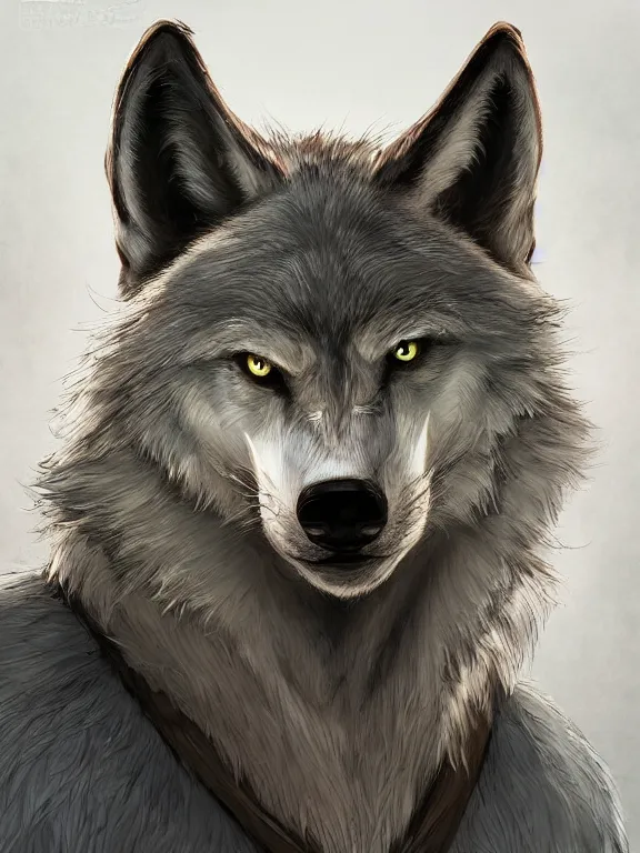 Image similar to 3/4 headshot of cute anthro wolf man, D&D, handsome, fantasy, intricate, long muzzle, wolf ears, fursona, black fur, elegant, highly detailed, digital painting, artstation, concept art, smooth, sharp focus, illustration, art by artgerm and greg rutkowski and alphonse mucha