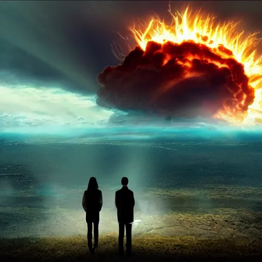 Image similar to a young couple watching a nuclear explosion, romantic, uplifting, happy, apocalytic detailed digital matte painting