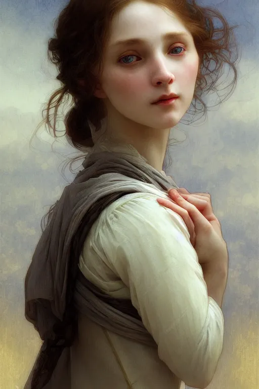 Image similar to Portrait of beautiful pale peasant girl, cinematic lighting, intricate, elegant, highly detailed, digital painting, artstation, smooth, sharp focus, illustration, art by artgerm and greg rutkowski and alphonse mucha and Wayne Barlowe and william-adolphe bouguereau