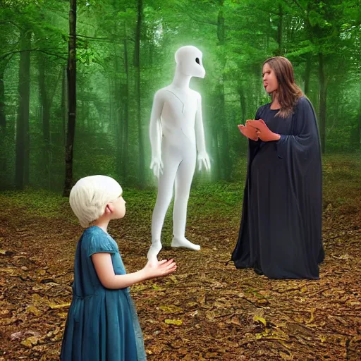 Image similar to a ethereal phantom talking with a kid in the middle of a dark forest