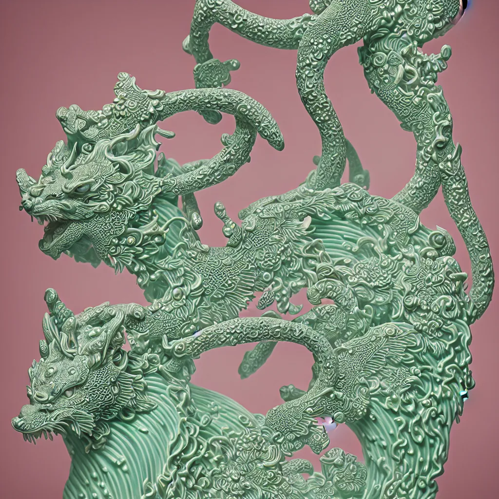 Image similar to A single Close up photo-real delicate ceramic porcelain sculpture of an ornate symmetrical Kitsune detailed in front of an intricate background by Victo Ngai and takato yamamoto, micro detail, backlit lighting, face in focus, subsurface scattering, translucent, thin porcelain, octane renderer, neon green, pink and blue, physically based rendering, japanese pottery, trending on cgsociety