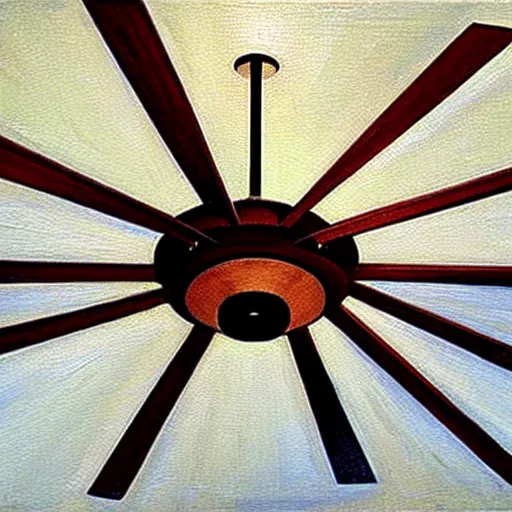 Image similar to an oil painting of a ceiling fan designed by frank lloyd wright