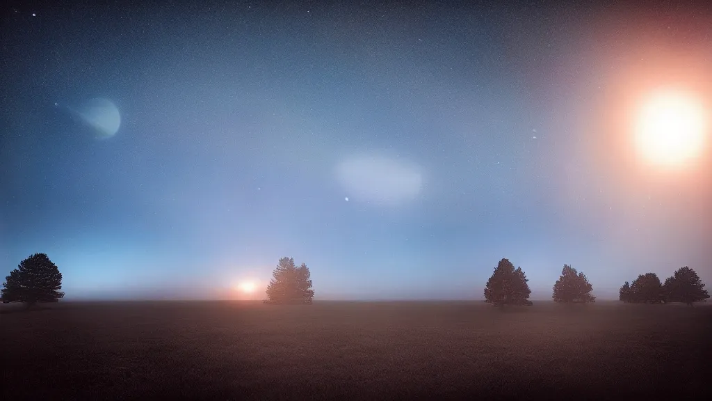 Image similar to A view from earth of three suns in the sky, art by Mikko Lagerstedt,