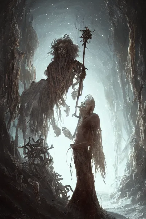 Prompt: a necromancer with a staff casts a spell that reveals the secret of life the universe and everything, dirty linen robes, staff of bones, grizzled bearded withered man by jessica rossier and hr giger