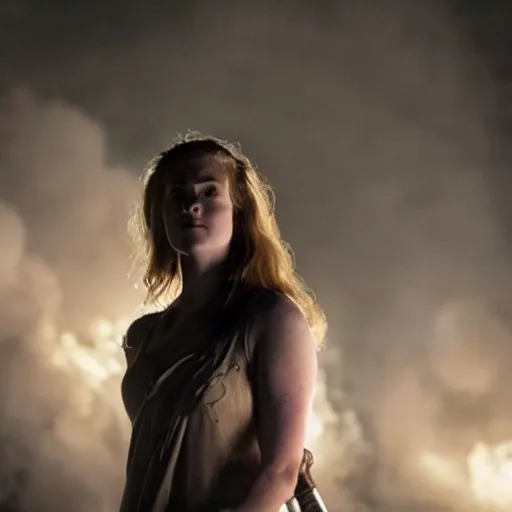 Image similar to bree williamson as the goddess of war. movie still. sinister atmospheric lighting. highly detailed, ground mist