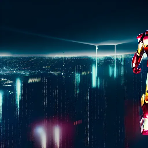 Prompt: a hyperdetailed photograph of iron man flying through the skies!!, cyberpunk, futuristic city, night, dense fog, rain, hd, 8 k resolution