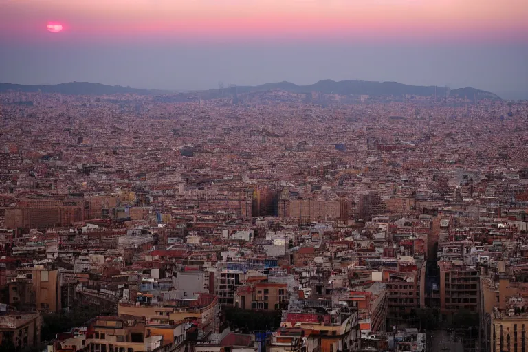 Image similar to views of catastrophic barcelona covered with water and refugees in buildings, global warming, sunset lighting, photo real