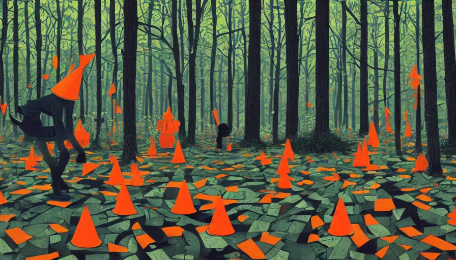 Image similar to safety cones scattered around an oak tree forest checker board forest floor, by james jean by ilya kuvshinov kintsugi, hyper detailed surrealist painting