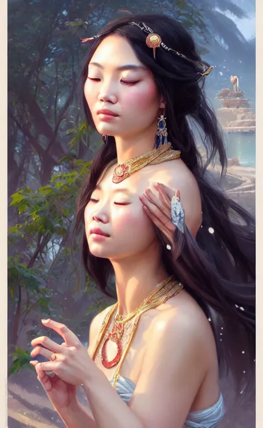 Image similar to a beautiful taiwan goddess with sundress with jewelry | | winter, realistic shaded, unpleasant face, good looking, fine details, realistic shaded lighting poster by greg rutkowski, magali villeneuve, artgerm, jeremy lipkin and michael garmash and macoto takahashi