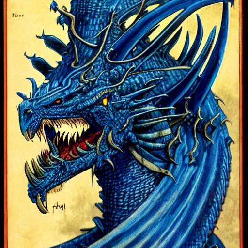 Prompt: head and shoulders portrait of a medieval d & d fantasy anthropomorphic blue dragon - headed sorcerer, d & d rulebook cover art by jeff easley, hr giger, and frank miller