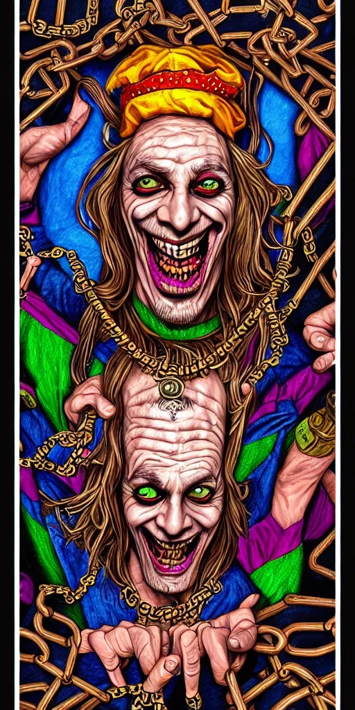 Prompt: psychedelic illustration, court jester portrait, psychotic eyes, in prison, in chains, playing card design, detailed colored pencil drawing, photorealistic illustration, 8 k resolution, octane render,