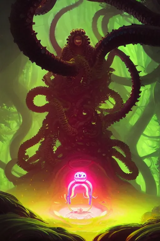 Prompt: Portrait of Black Hole Bodhisattva Kraken in neon forest, digital art from artstation by Andreas Rocha and Greg Rutkowski and Peter Mohrbacher