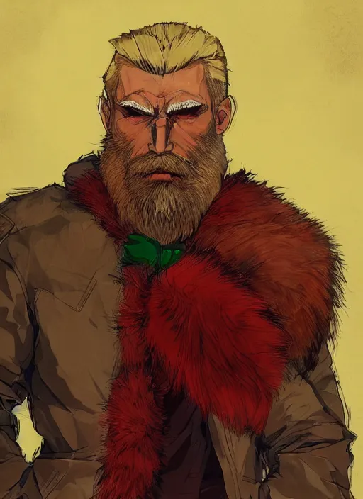 Prompt: Full body portrait of an old muscular man with blonde hair and beard wearing bear skin and red, green and gold jacket. In style of Yoji Shinkawa and Hyung-tae Kim, trending on ArtStation, dark fantasy, great composition, concept art, highly detailed.