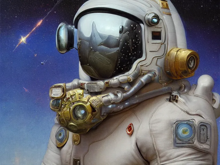 Image similar to a detailed profile oil painting of a lone shock trooper in a spacesuit with reflective helmet, technology flight suit, bounty hunter portrait symmetrical and science fiction theme with lightning, aurora lighting clouds and stars by beksinski carl spitzweg and tuomas korpi. baroque elements, full-length view. baroque element. intricate artwork by caravaggio. Trending on artstation. 8k